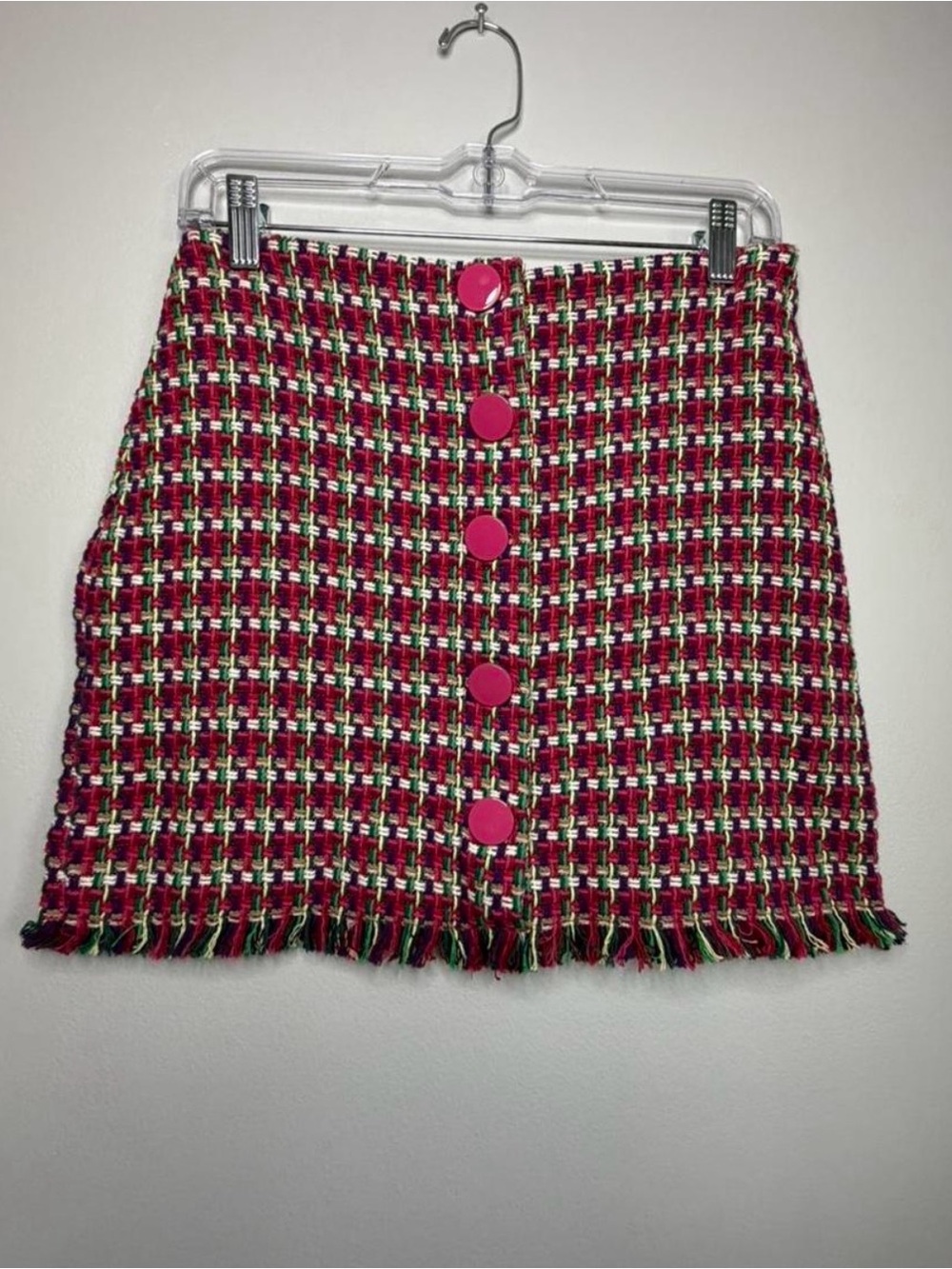 Zara Red and Pink Tweed Button-Front Mini Skirt